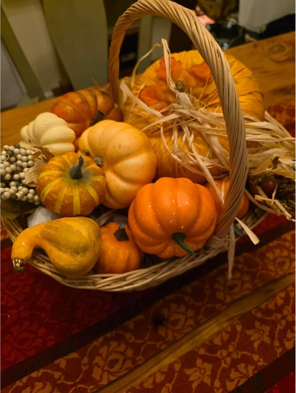 Decorative Basket with Mini Pumpkins and Gourds table runner & placemats